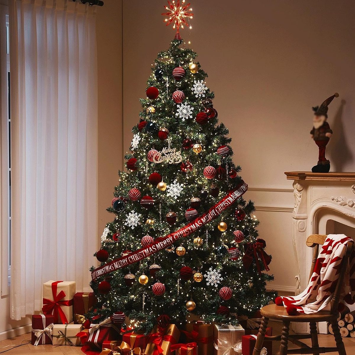 7ft All-in-One Christmas Tree & Red-Gold Decoration Set